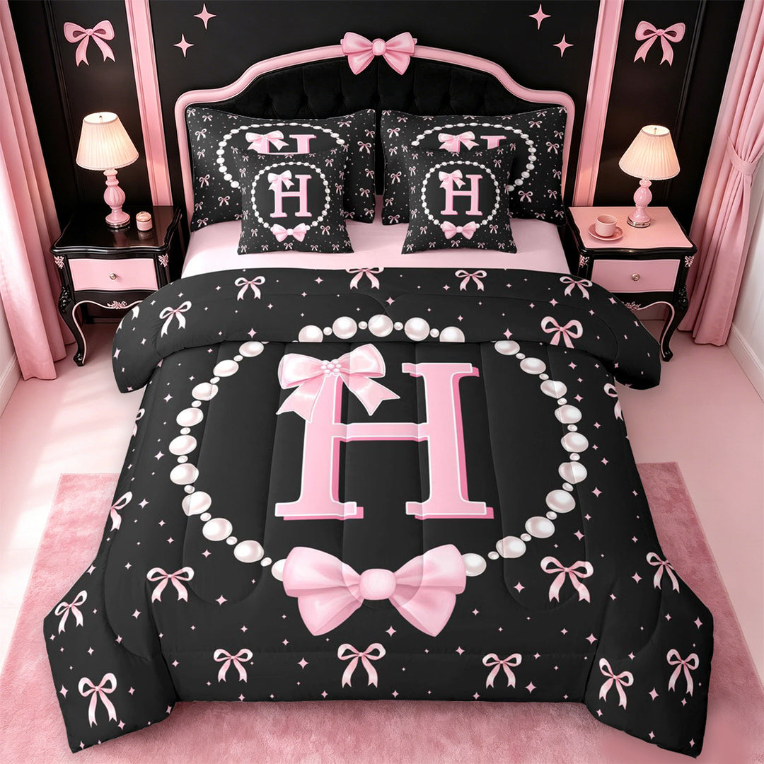 meiyoeat Chic Pearl Necklace Print 7 Pieces Full Size Bedding Sets For Kids,Pink Coquette Bowknot Initial Letter H Full Size Bed in a Bag,Pink Reversible