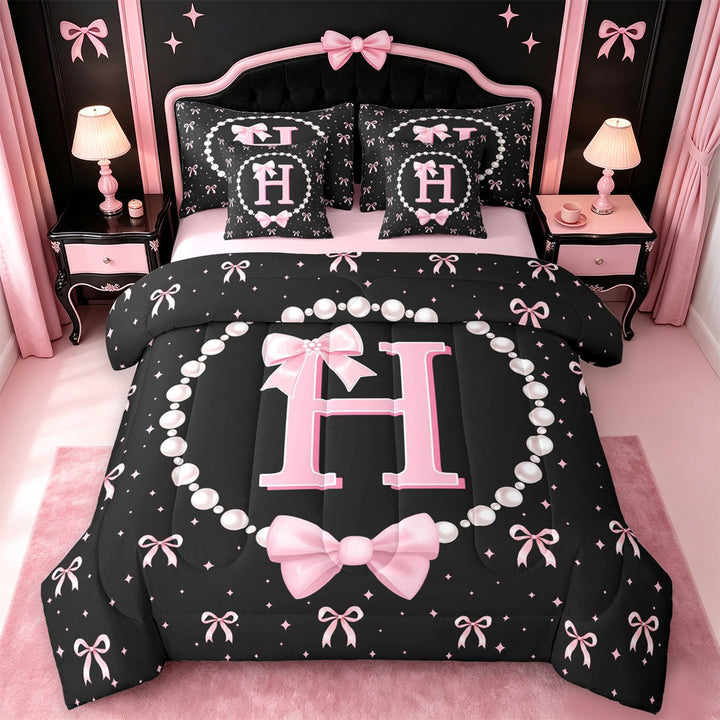 meiyoeat Chic Pearl Necklace Print 7 Pieces Full Size Bedding Sets For Kids,Pink Coquette Bowknot Initial Letter H Full Size Bed in a Bag,Pink Reversible