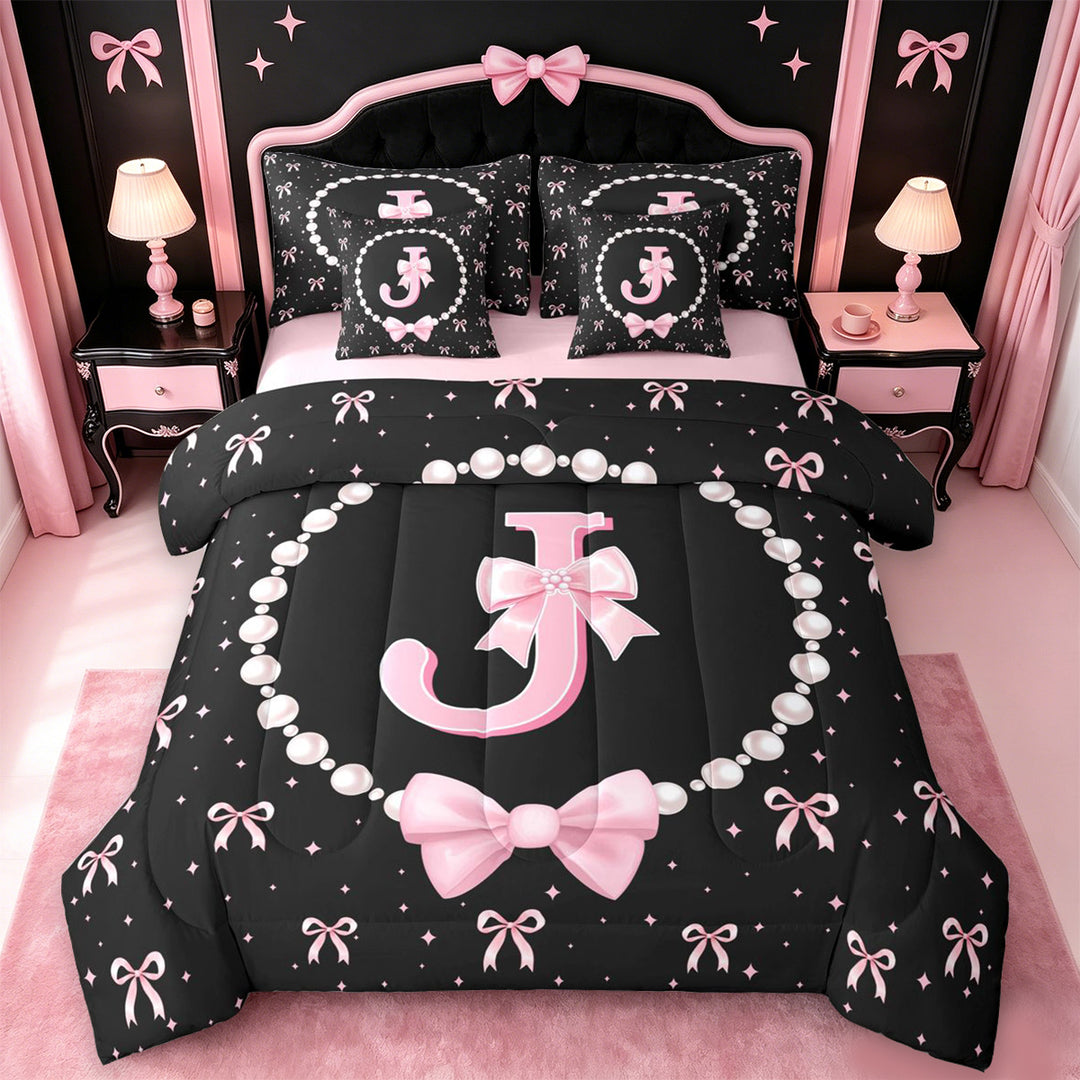 meiyoeat Pink Cute Bow 7 Pieces Full Size Bedding Sets For Girls,Kawaii Bowknot Monogrammed J Full Size Bed in a Bag For Kids,Pink Reversible