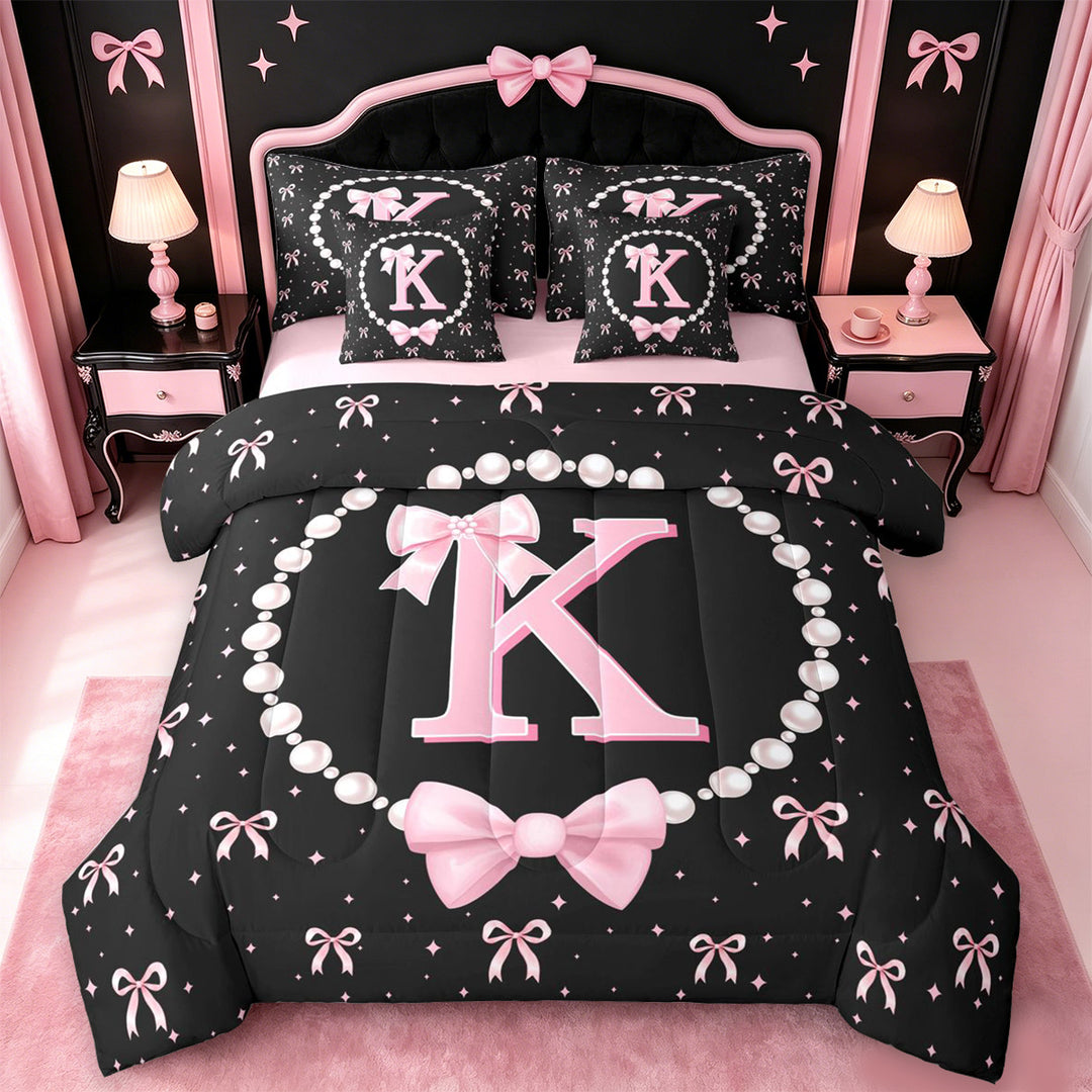 meiyoeat Cute Coquette Bow 7 Pieces Full Size Bedding Sets For Kids,Pink Ribbon Bowtie Initial Letter K Full Size Bed in a Bag,Pink Reversible