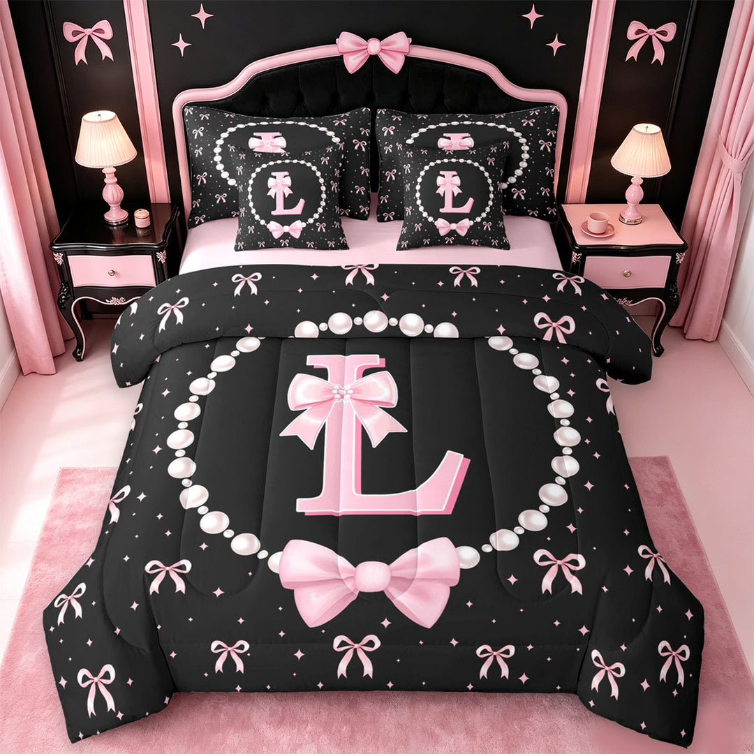 meiyoeat Kawaii Bowknot 7 Pieces Full Size Bedding Sets For Girls,Modern Personalized Initial L Full Size Bed in a Bag For Kids,Pink Reversible
