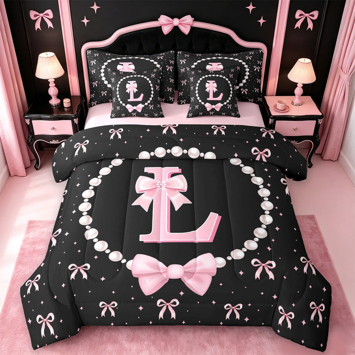 meiyoeat Kawaii Bowknot 7 Pieces Full Size Bedding Sets For Girls,Modern Personalized Initial L Full Size Bed in a Bag For Kids,Pink Reversible