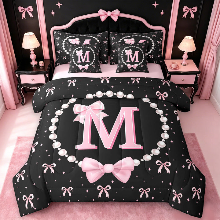 meiyoeat Lovely Bow Tie 7 Pieces Full Size Bedding Sets For Bow Girls,Pink Initial Letter M Full Size Bed in a Bag For Kids,Pink Reversible