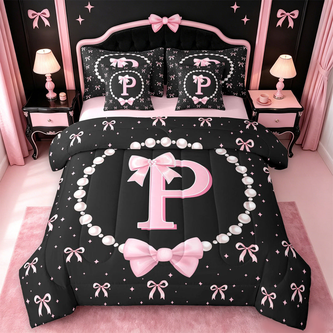 meiyoeat Pink Ribbon Bowknot 7 Pieces Full Size Bedding Sets For Girls,Lovely Bowtie Alphabet Print P Full Size Bed in a Bag For Kids,Pink Reversible