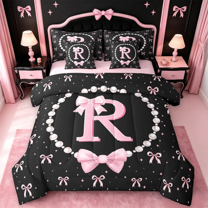 meiyoeat Fashion Women Pearl Necklace 7 Pieces Full Size Bedding Sets,Girly Bow Monogrammed R Full Size Bed in a Bag For Kids,Pink Reversible