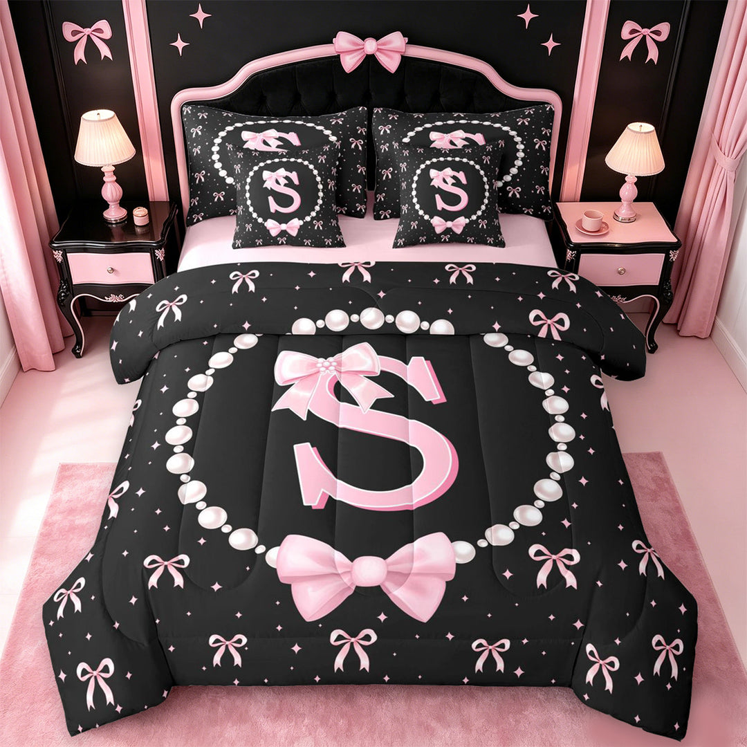 meiyoeat Pink Coquette Bowtie 7 Pieces Full Size Bedding Sets For Girls,Kids Personalized Letter S Print Full Size Bed in a Bag,Pink Reversible