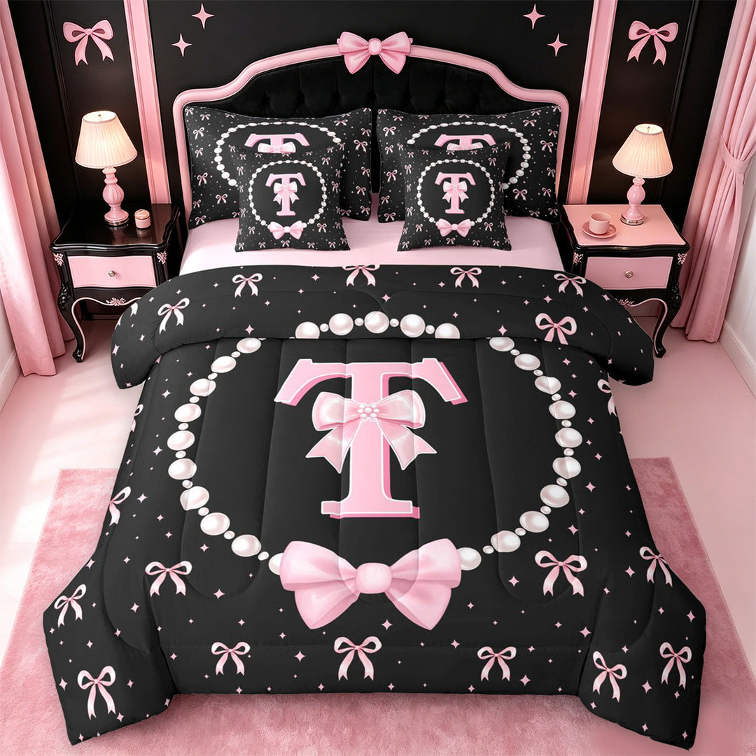 meiyoeat Ribbon Bow Letter Print 7 Pieces Full Size Bedding Sets For Girls,Pink Bowtie Monogram T Full Size Bed in a Bag For Kids,Pink Reversible