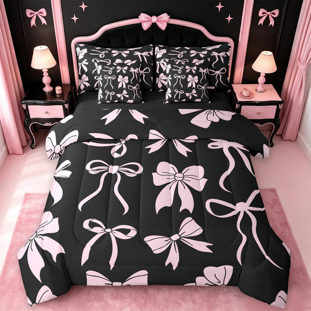 meiyoeat Pink Ribbon Bow 7 Pieces Full Size Bedding Sets For Kids,Cute Minimalist Bow Full Size Bed in a Bag For Girls,Black Reversible