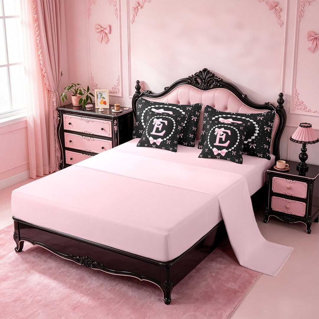 meiyoeat Girls Personalized Monogrammed Gifts 7 Pieces Full Size Bedding Sets For Bowtie Lovers,Kids Bowknot Alphabet E Print Full Size Bed in a Bag,Pink Reversible