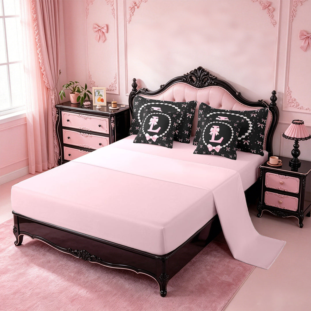 meiyoeat Kawaii Bowknot 7 Pieces Full Size Bedding Sets For Girls,Modern Personalized Initial L Full Size Bed in a Bag For Kids,Pink Reversible