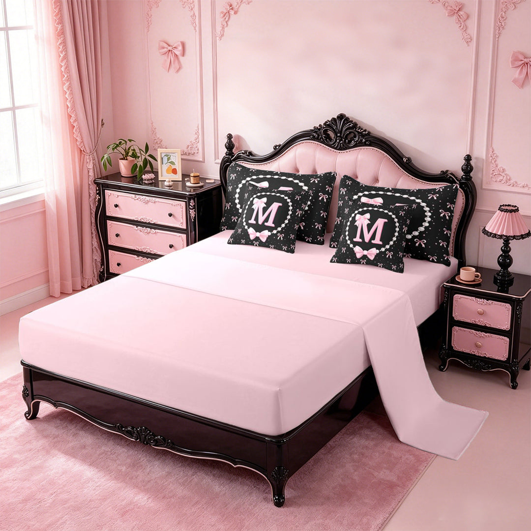 meiyoeat Lovely Bow Tie 7 Pieces Full Size Bedding Sets For Bow Girls,Pink Initial Letter M Full Size Bed in a Bag For Kids,Pink Reversible