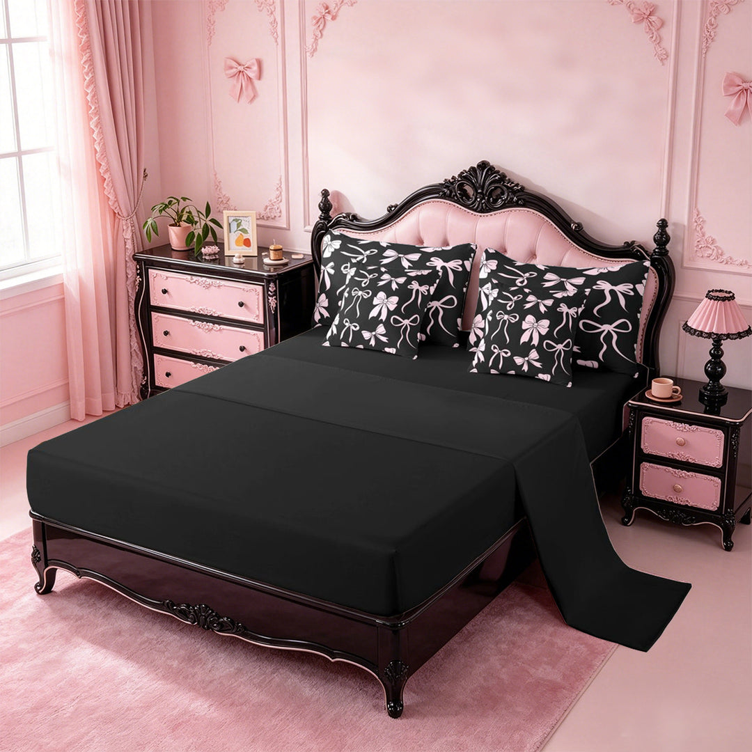 meiyoeat Pink Ribbon Bow 7 Pieces Full Size Bedding Sets For Kids,Cute Minimalist Bow Full Size Bed in a Bag For Girls,Black Reversible