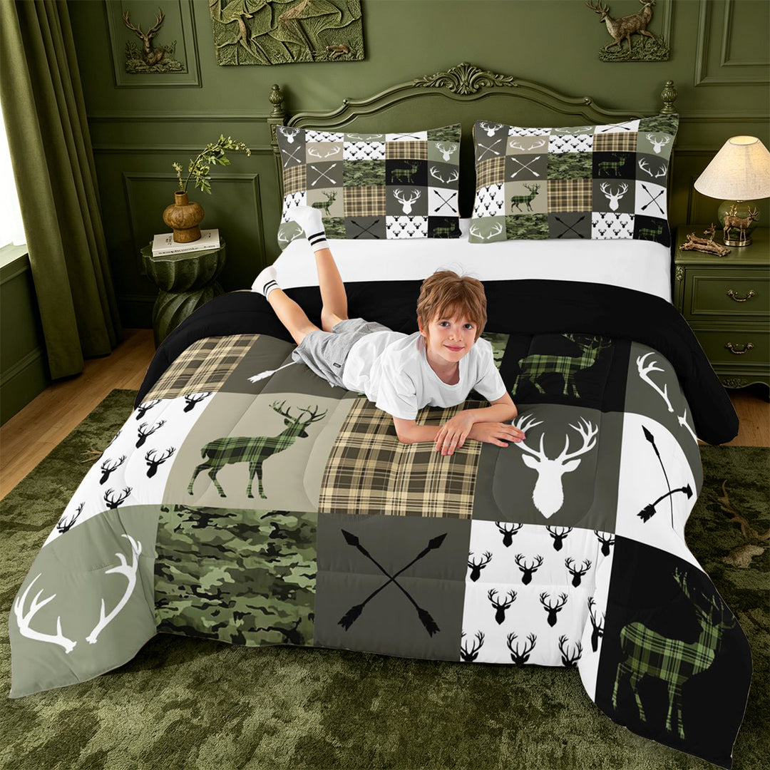meiyoeat Rustic Patchwork Deer King Size Comforter Sets For Boys,Vintage Farmhouse Camouflage Hunting Comforters King Size, Green Brown,Black Reversible,3pcs