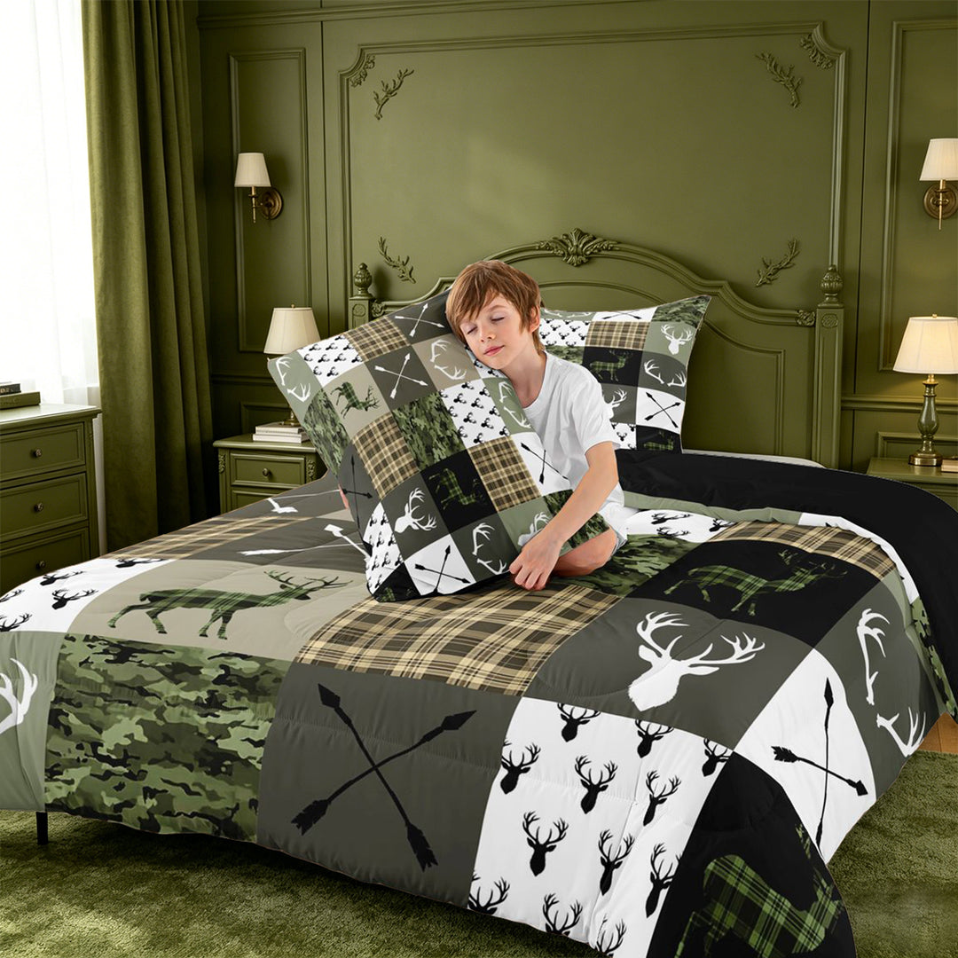 meiyoeat Rustic Patchwork Deer King Size Comforter Sets For Boys,Vintage Farmhouse Camouflage Hunting Comforters King Size, Green Brown,Black Reversible,3pcs