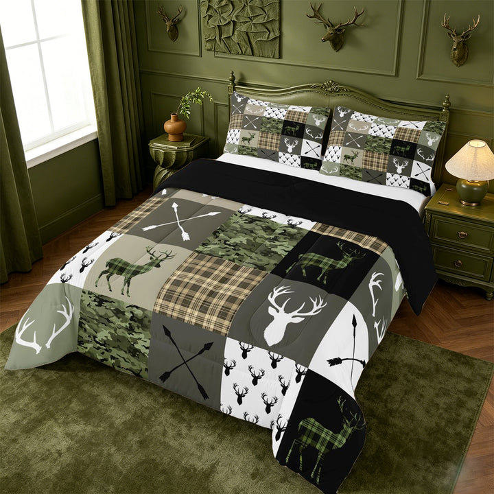 meiyoeat Rustic Patchwork Deer King Size Comforter Sets For Boys,Vintage Farmhouse Camouflage Hunting Comforters King Size, Green Brown,Black Reversible,3pcs