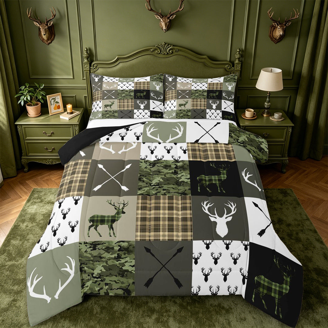 meiyoeat Rustic Patchwork Deer King Size Comforter Sets For Boys,Vintage Farmhouse Camouflage Hunting Comforters King Size, Green Brown,Black Reversible,3pcs
