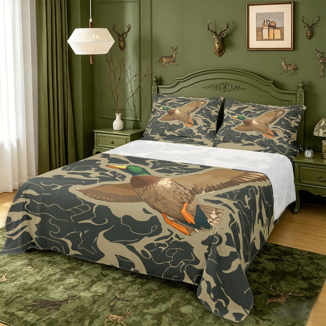meiyoeat Rustic Hunting Camo Bed Sheets For Boys,Wild Mallard Duck Full Size Sheets For Men,4 Pieces
