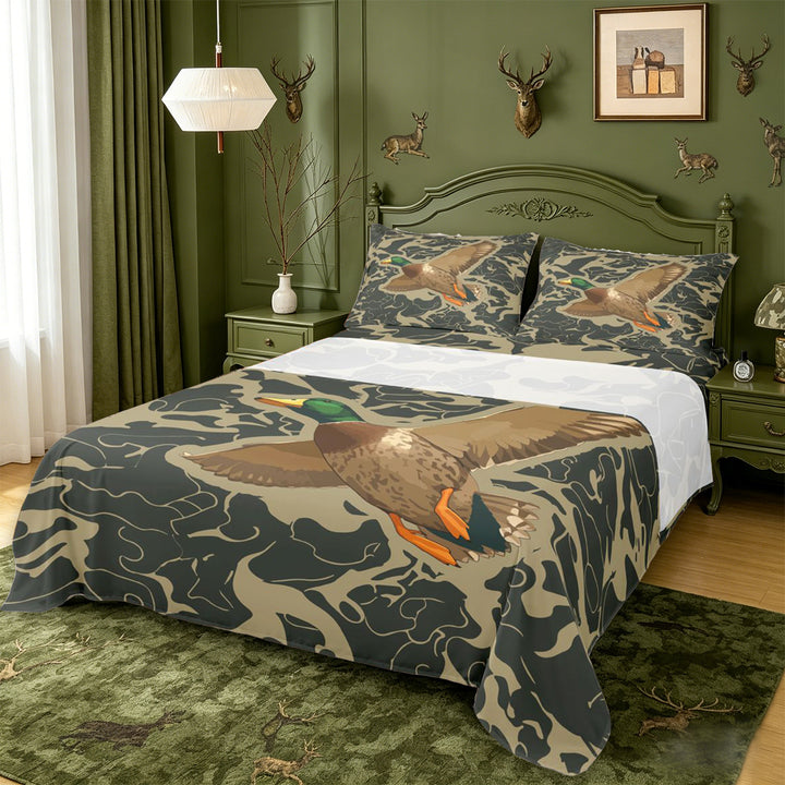meiyoeat Rustic Hunting Camo Bed Sheets For Boys,Wild Mallard Duck Full Size Sheets For Men,4 Pieces