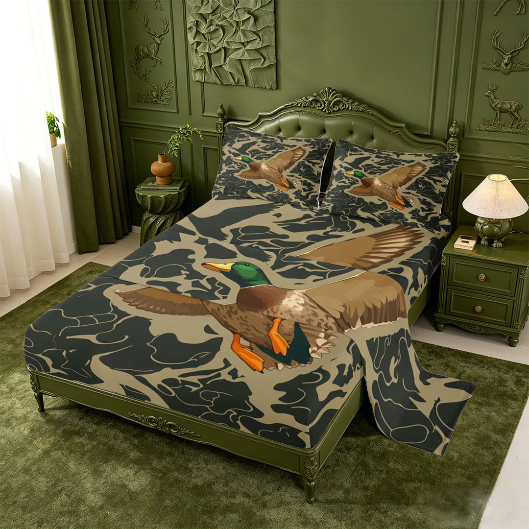 meiyoeat Rustic Hunting Camo Bed Sheets For Boys,Wild Mallard Duck Full Size Sheets For Men,4 Pieces
