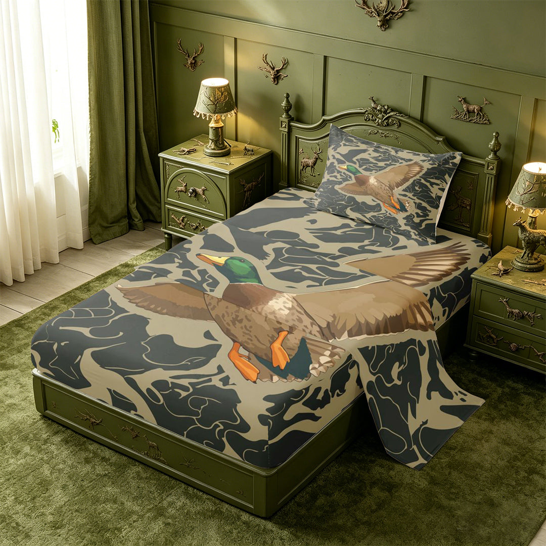 meiyoeat Rustic Hunting Camo Bed Sheets For Boys,Wild Mallard Duck Full Size Sheets For Men,4 Pieces
