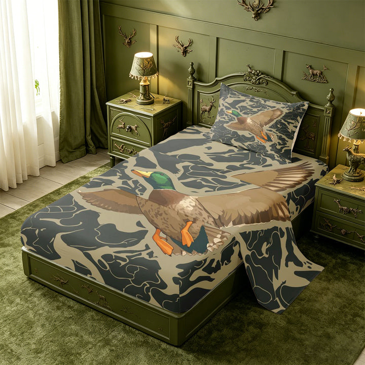 meiyoeat Rustic Hunting Camo Bed Sheets For Boys,Wild Mallard Duck Full Size Sheets For Men,4 Pieces