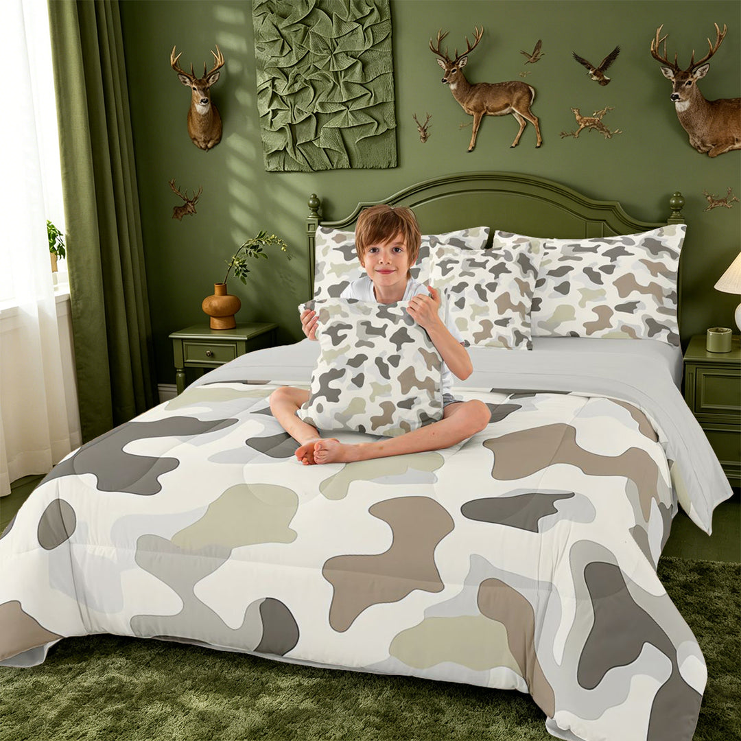 meiyoeat Rustic Camouflage 7-Piece King Bedding For Kids,Retro Farmhouse Camouflage Hunting King Bed in a Bag For Men,Light Gray Reversible