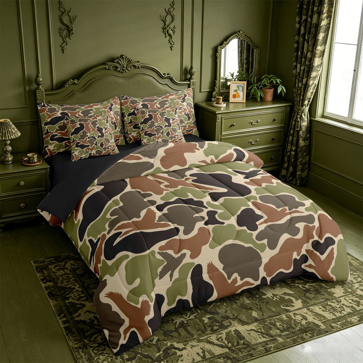 meiyoeat Retro Camo Print 7-Piece King Bedding For Boys,Wild Animal Mallard Duck King Bed in a Bag For Kids, Brown Green,Black Reversible