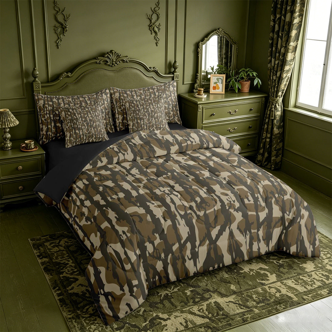 meiyoeat Rustic Camouflage Print 7-Piece King Bedding For Kids,Retro Farmhouse Camo Hunting King Bed in a Bag For Boys,Black Reversible