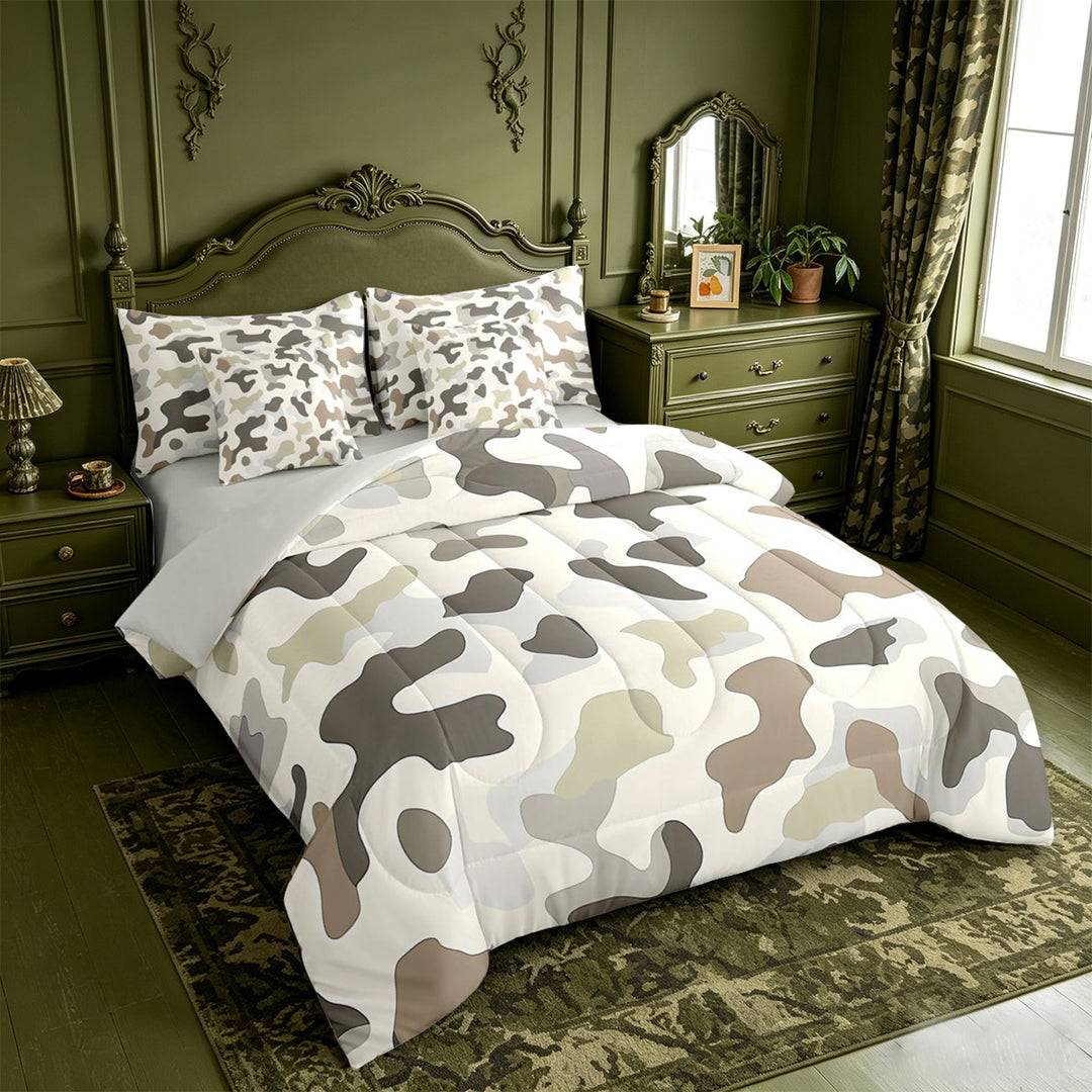 meiyoeat Rustic Camouflage 7-Piece King Bedding For Kids,Retro Farmhouse Camouflage Hunting King Bed in a Bag For Men,Light Gray Reversible