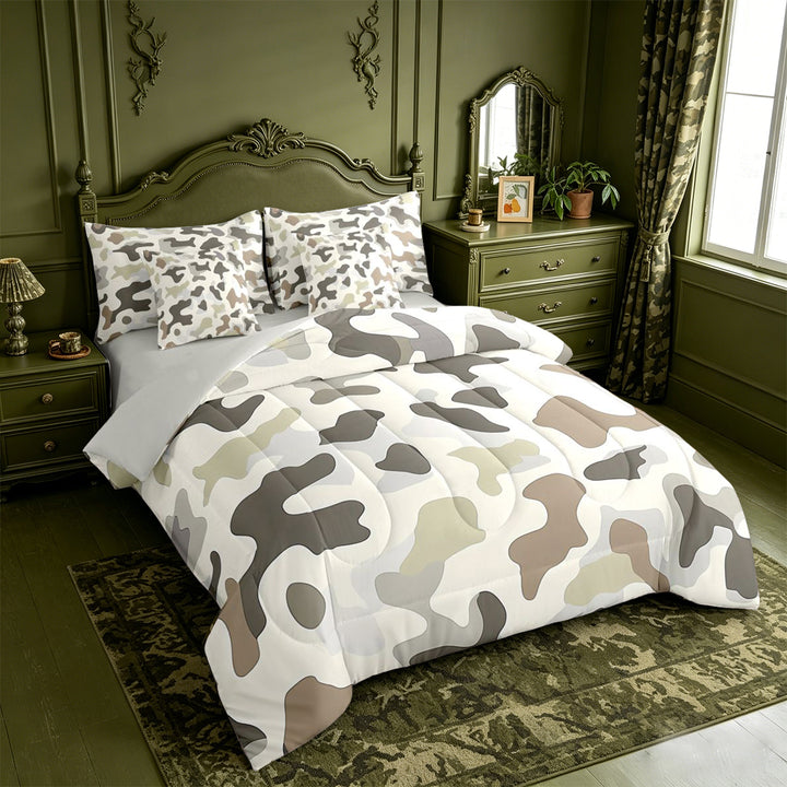 meiyoeat Rustic Camouflage 7-Piece King Bedding For Kids,Retro Farmhouse Camouflage Hunting King Bed in a Bag For Men,Light Gray Reversible