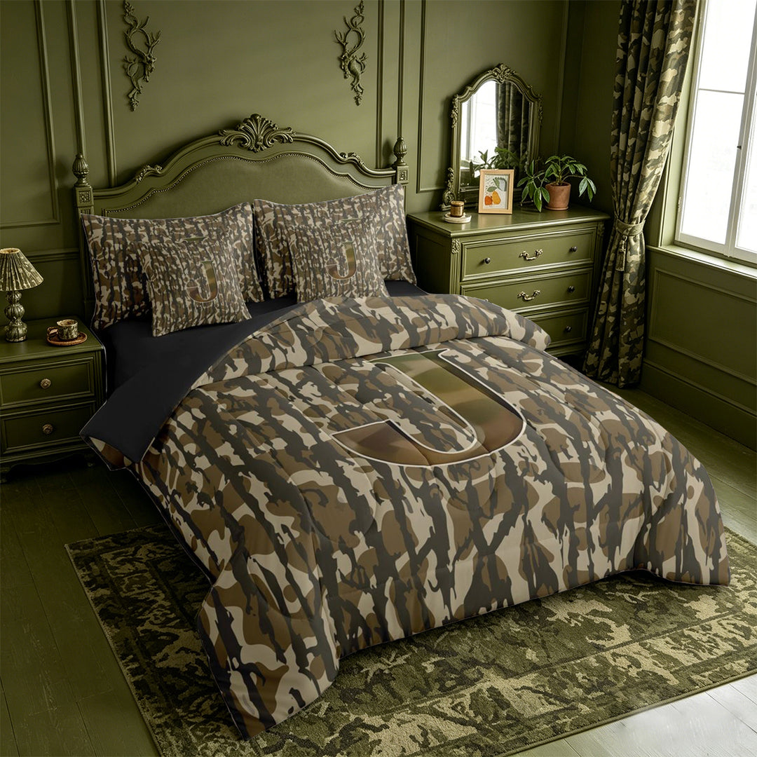 meiyoeat Green Letter Camo 7-Piece King Bedding For Boys,Kids Personalized Monogrammed J King Bed in a Bag,Black Reversible