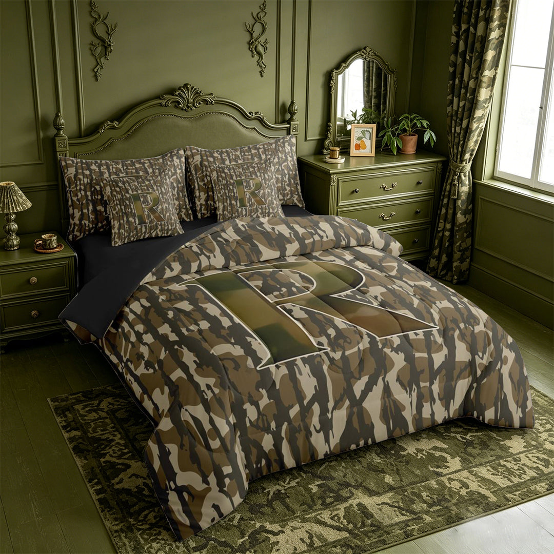 meiyoeat Camo Letter Print 7-Piece King Bedding For Kids,Camouflage Alphabet R Design King Bed in a Bag For Adults,Black Reversible