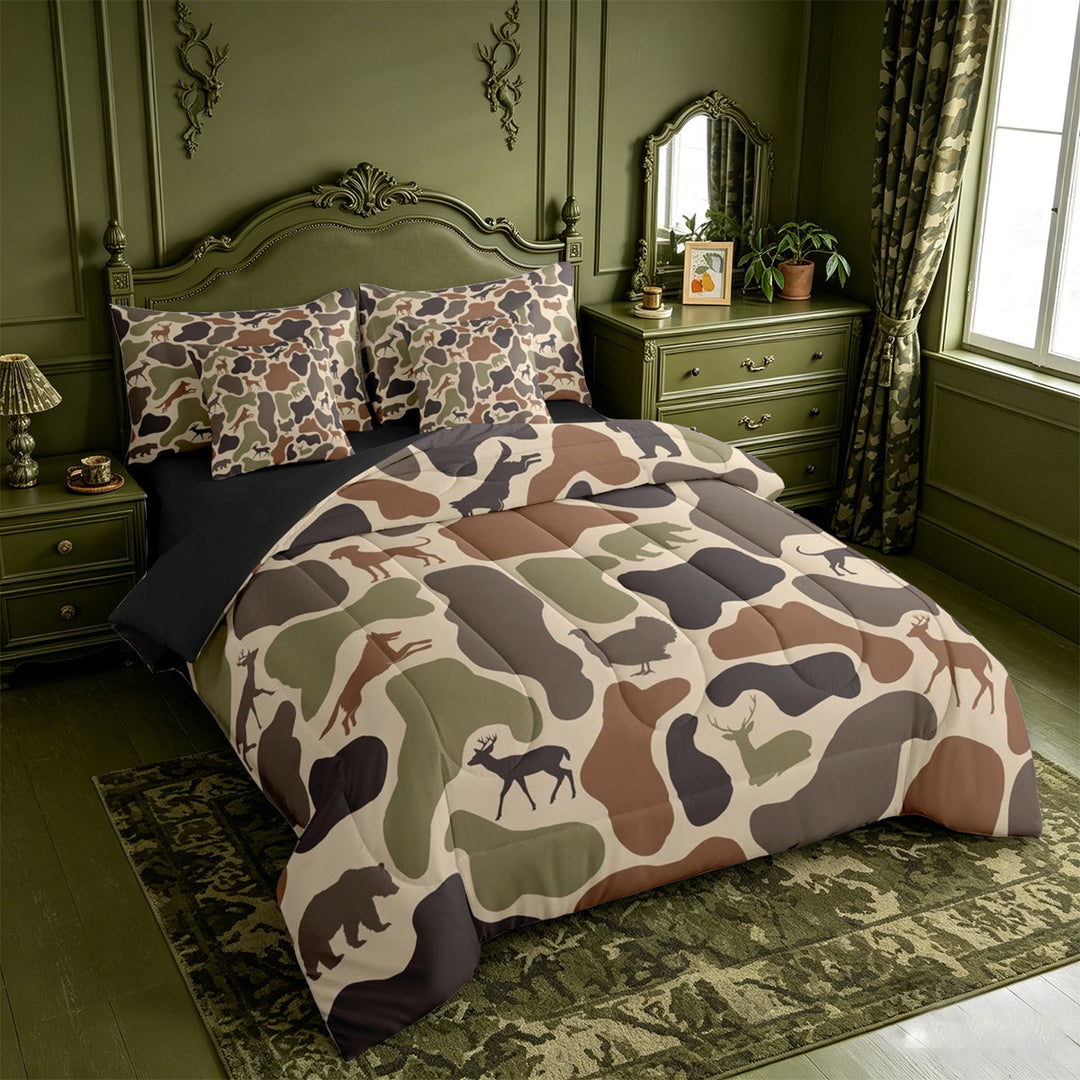 meiyoeat Hunting Camo Animal 7-Piece King Bedding For Adult,Jungle Wildlife Deer Bear King Bed in a Bag For Kids,Black Reversible