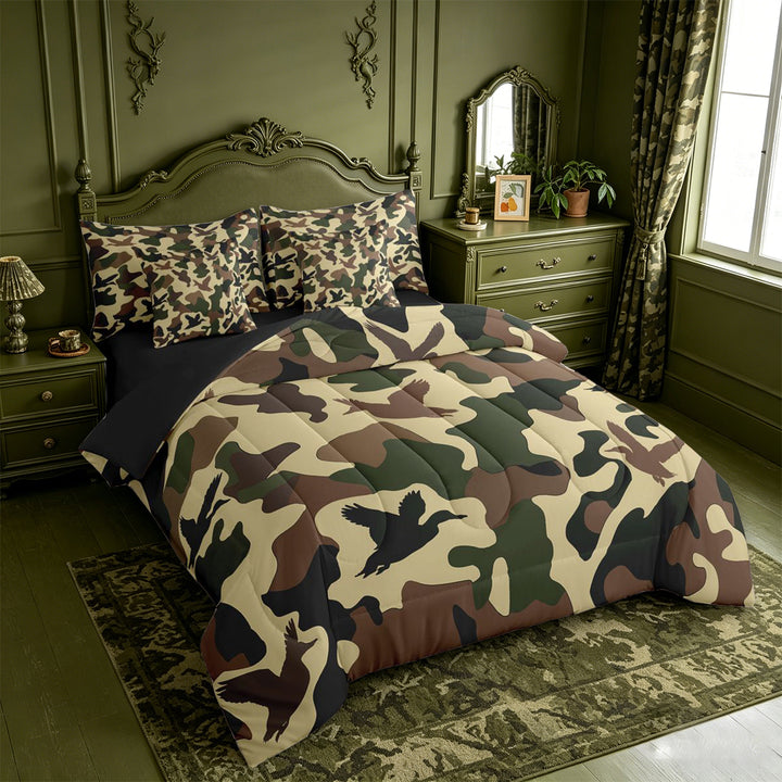 meiyoeat Vintage Camo Duck 7-Piece King Bedding For Kids,Rustic Farmhouse Hunting King Bed in a Bag For Men, Beige Green,Black Reversible