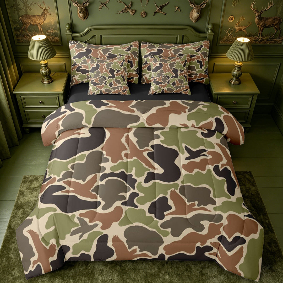 meiyoeat Retro Camo Print 7-Piece King Bedding For Boys,Wild Animal Mallard Duck King Bed in a Bag For Kids, Brown Green,Black Reversible
