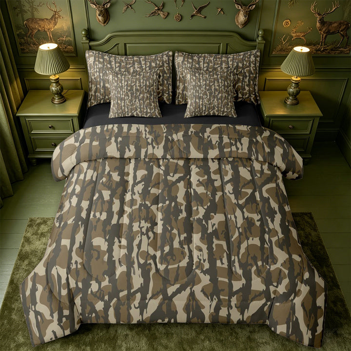 meiyoeat Rustic Camouflage Print 7-Piece King Bedding For Kids,Retro Farmhouse Camo Hunting King Bed in a Bag For Boys,Black Reversible