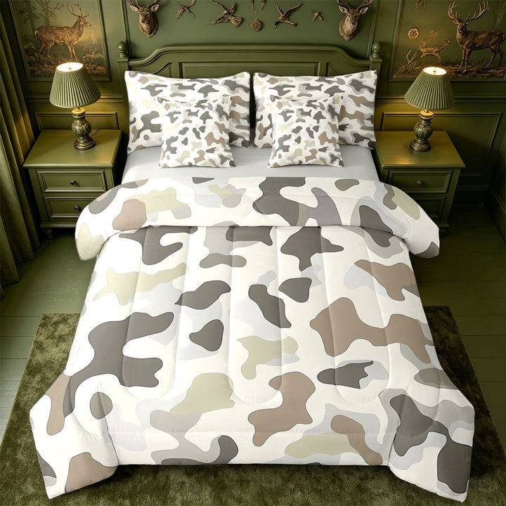 meiyoeat Rustic Camouflage 7-Piece King Bedding For Kids,Retro Farmhouse Camouflage Hunting King Bed in a Bag For Men,Light Gray Reversible