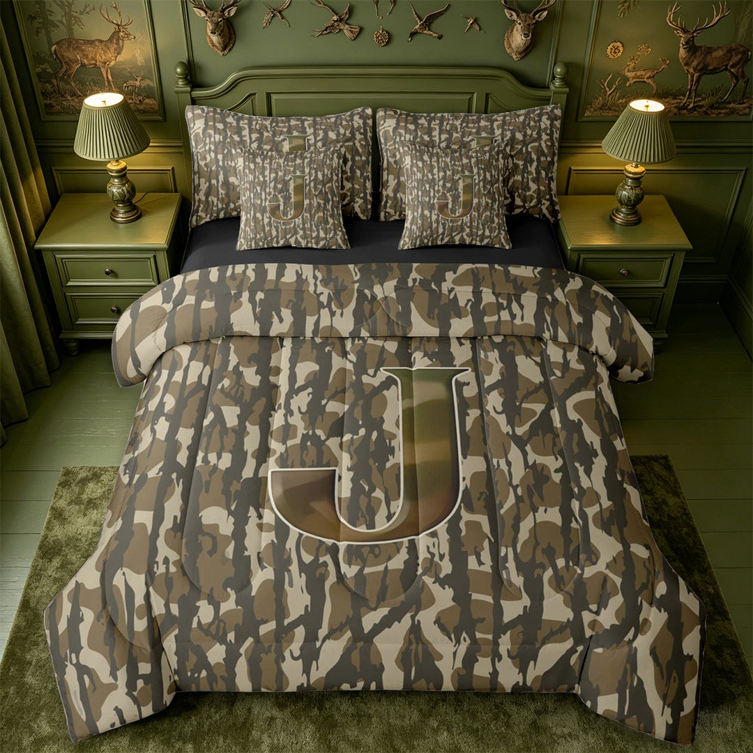 meiyoeat Green Letter Camo 7-Piece King Bedding For Boys,Kids Personalized Monogrammed J King Bed in a Bag,Black Reversible