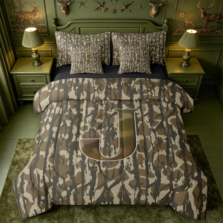 meiyoeat Green Letter Camo 7-Piece King Bedding For Boys,Kids Personalized Monogrammed J King Bed in a Bag,Black Reversible
