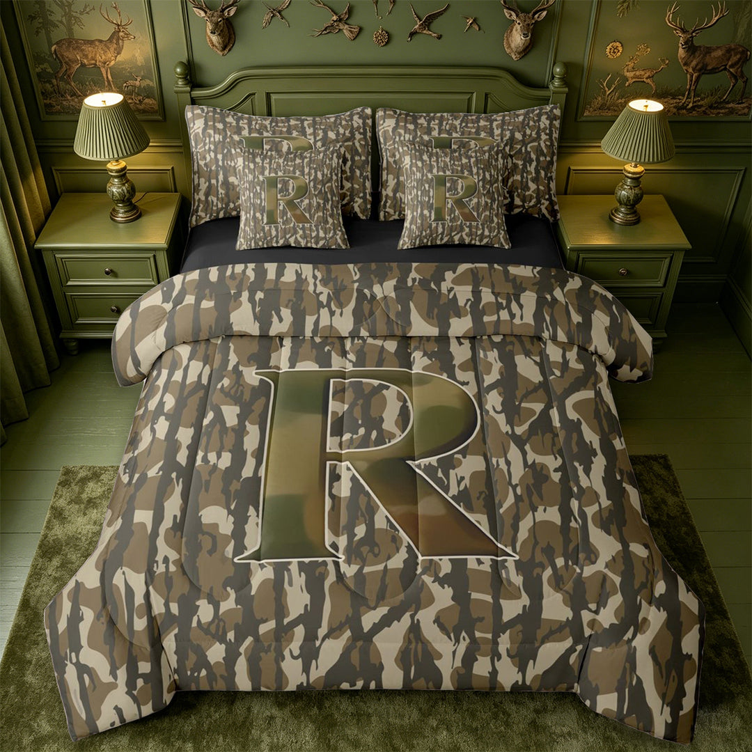 meiyoeat Camo Letter Print 7-Piece King Bedding For Kids,Camouflage Alphabet R Design King Bed in a Bag For Adults,Black Reversible
