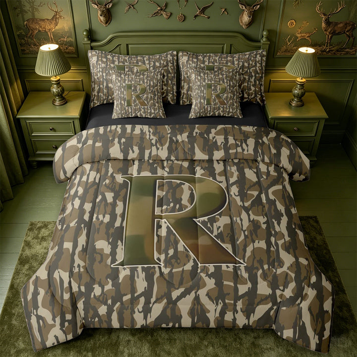 meiyoeat Camo Letter Print 7-Piece King Bedding For Kids,Camouflage Alphabet R Design King Bed in a Bag For Adults,Black Reversible