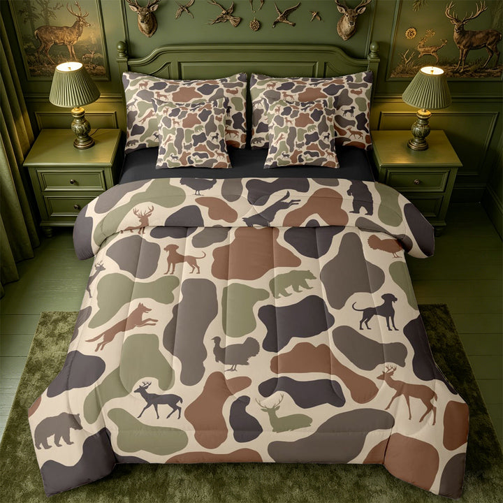 meiyoeat Hunting Camo Animal 7-Piece King Bedding For Adult,Jungle Wildlife Deer Bear King Bed in a Bag For Kids,Black Reversible