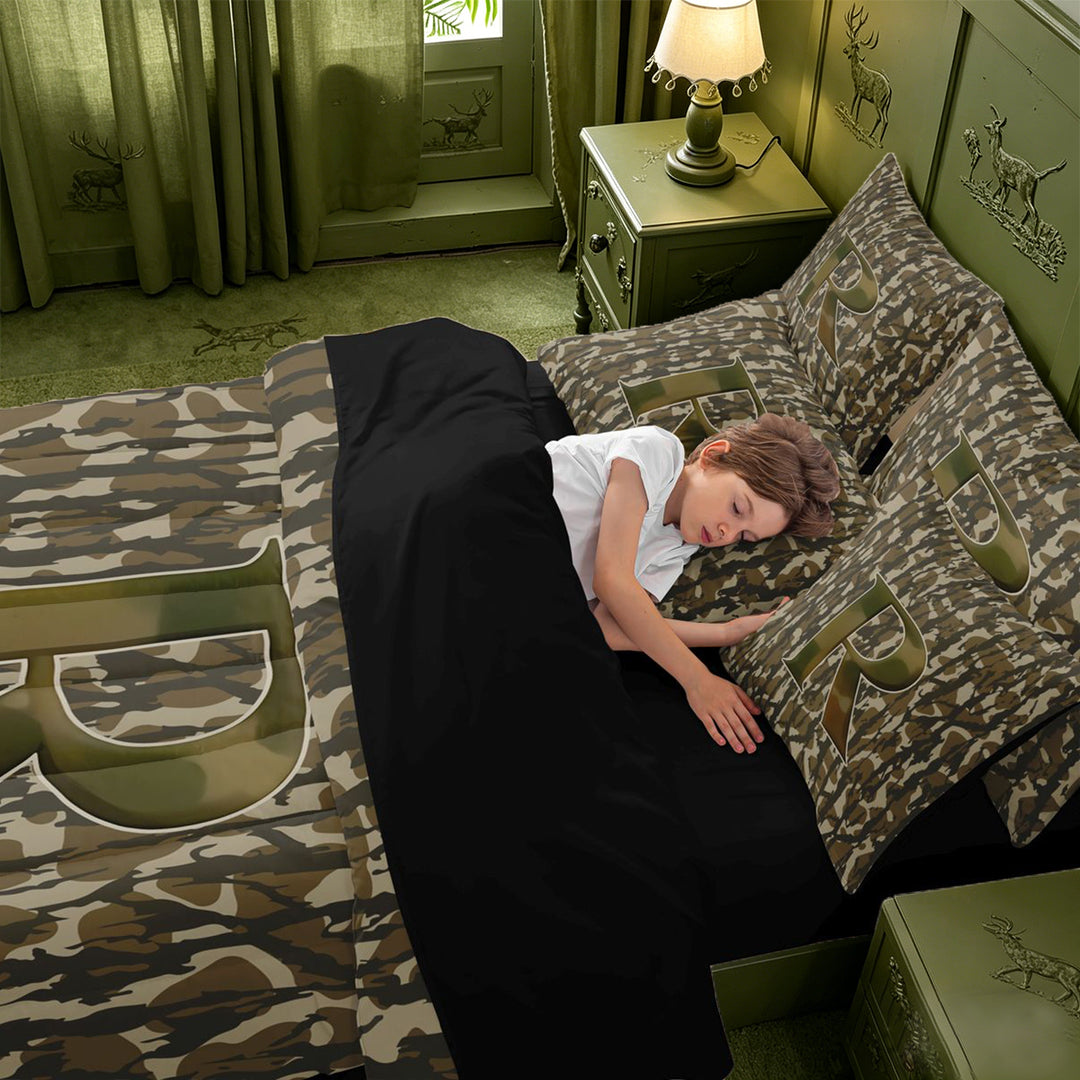 meiyoeat Camo Letter Print 7-Piece King Bedding For Kids,Camouflage Alphabet R Design King Bed in a Bag For Adults,Black Reversible