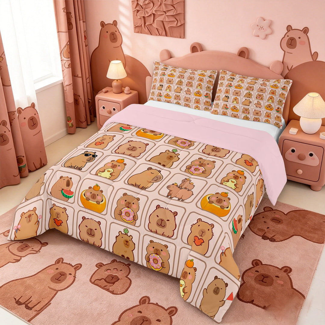 meiyoeat meiyoeat Cute Capybara Full Size Comforter Sets,Brown Cartoon Animals Bedding Comforter Set,Pink Reversible,3 Pieces,1 Comforter and 2 Pillowcases