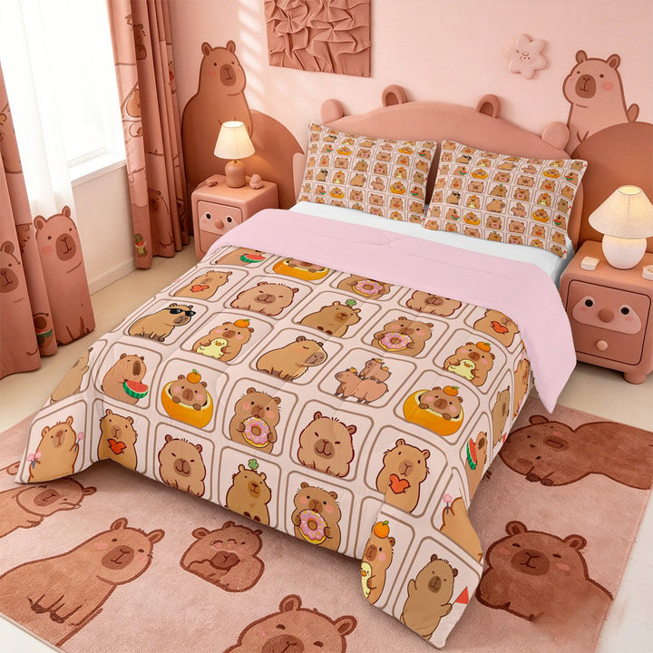 meiyoeat meiyoeat Cute Capybara Full Size Comforter Sets,Brown Cartoon Animals Bedding Comforter Set,Pink Reversible,3 Pieces,1 Comforter and 2 Pillowcases