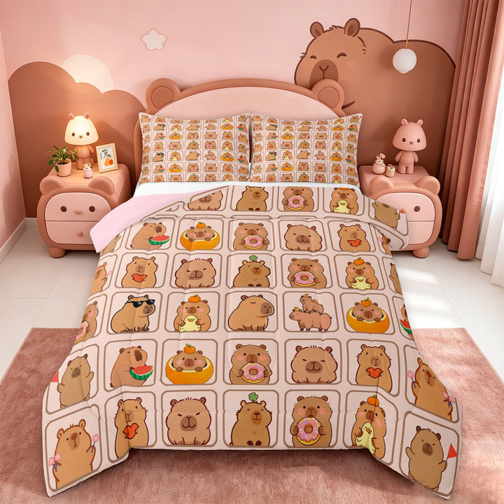 meiyoeat meiyoeat Cute Capybara Full Size Comforter Sets,Brown Cartoon Animals Bedding Comforter Set,Pink Reversible,3 Pieces,1 Comforter and 2 Pillowcases