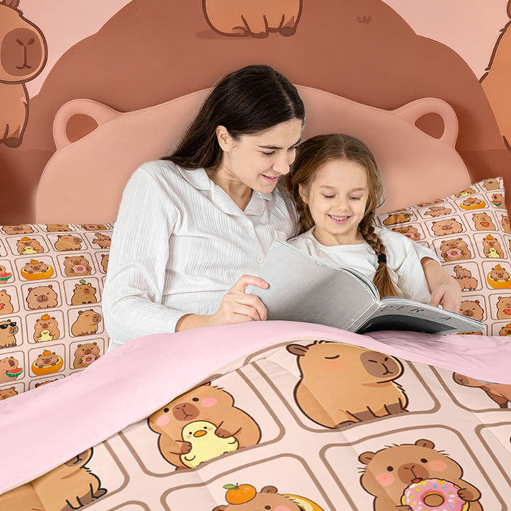 meiyoeat meiyoeat Cute Capybara Full Size Comforter Sets,Brown Cartoon Animals Bedding Comforter Set,Pink Reversible,3 Pieces,1 Comforter and 2 Pillowcases