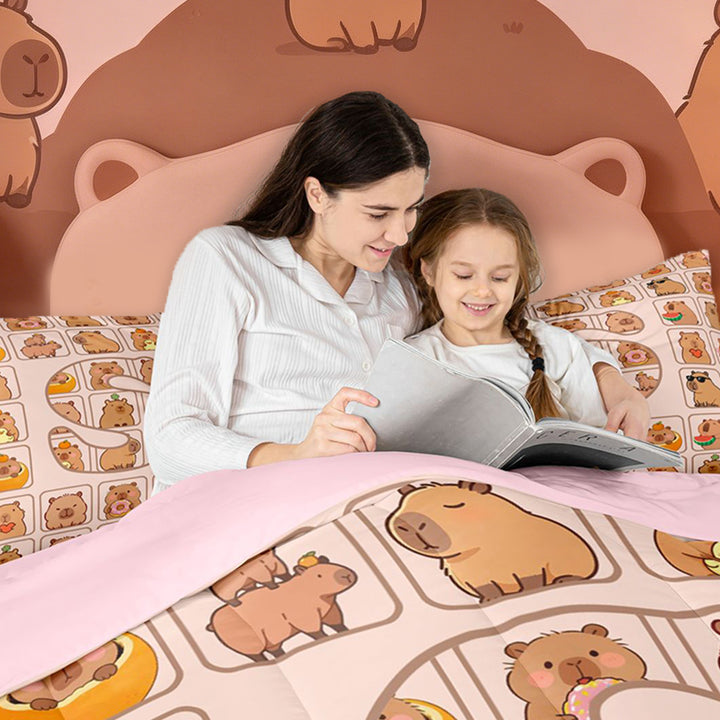 meiyoeat meiyoeat Initial Alphabet S 7 Pieces Full Size Bedding Sets,Kawaii Animal Capybara Full Size Bed in a Bag,Pink Reversible