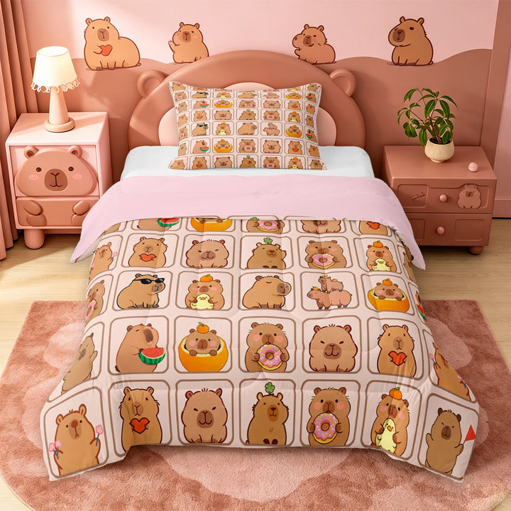 meiyoeat meiyoeat Cute Capybara Full Size Comforter Sets,Brown Cartoon Animals Bedding Comforter Set,Pink Reversible,3 Pieces,1 Comforter and 2 Pillowcases