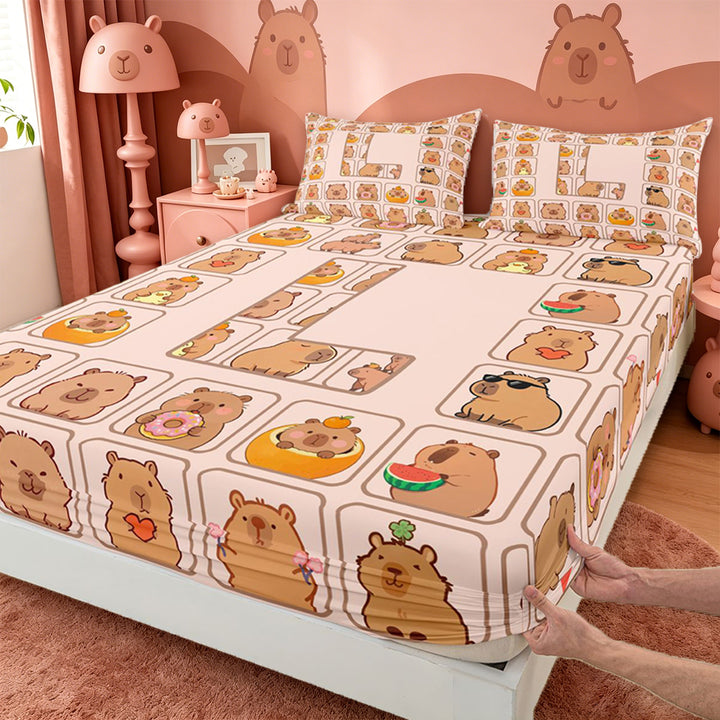 meiyoeat Brown Capybara Bed Sheets,Kawaii Animals Letter Print L Full Size Sheets,4 Pieces,1 Flat Sheet,1 Fitted Sheet and 2 Pillowcases